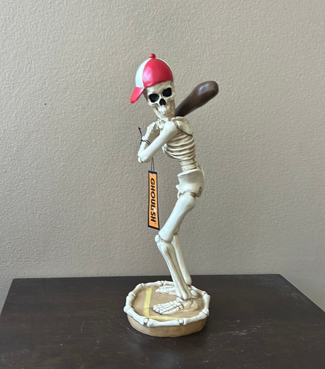 New Skeleton Wearing Baseball Cap & Holding Bat Halloween Figurine 12” Tall