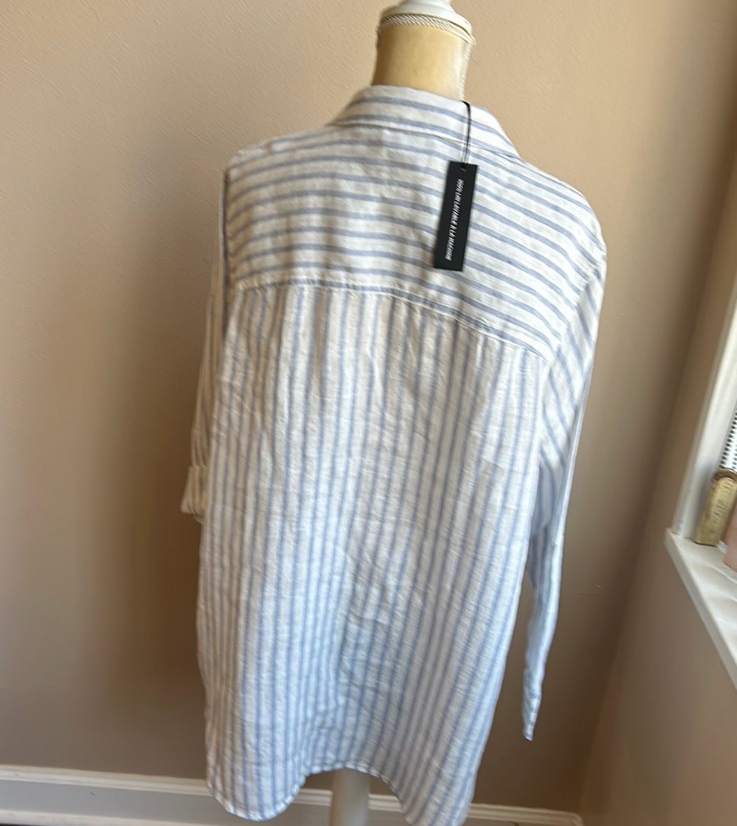 Jones New York Women Plus sz Linen Blouse Top Rolled Cuff Sleeve Nwt Blue Stripe