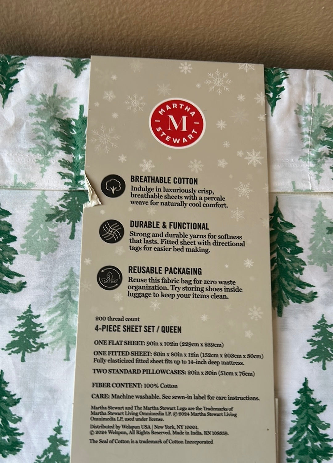 Martha Stewart Christmas Evergreen Trees QUEEN Sheet Set 4pc 200Thread Count