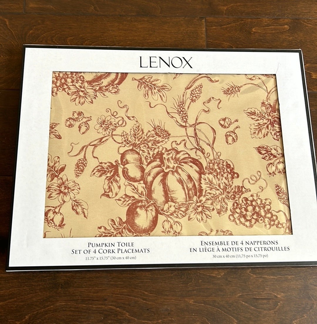 Lenox Set Of 4 Placemats Pumpkin Vine Toile  Cork New Fall Thanksgiving