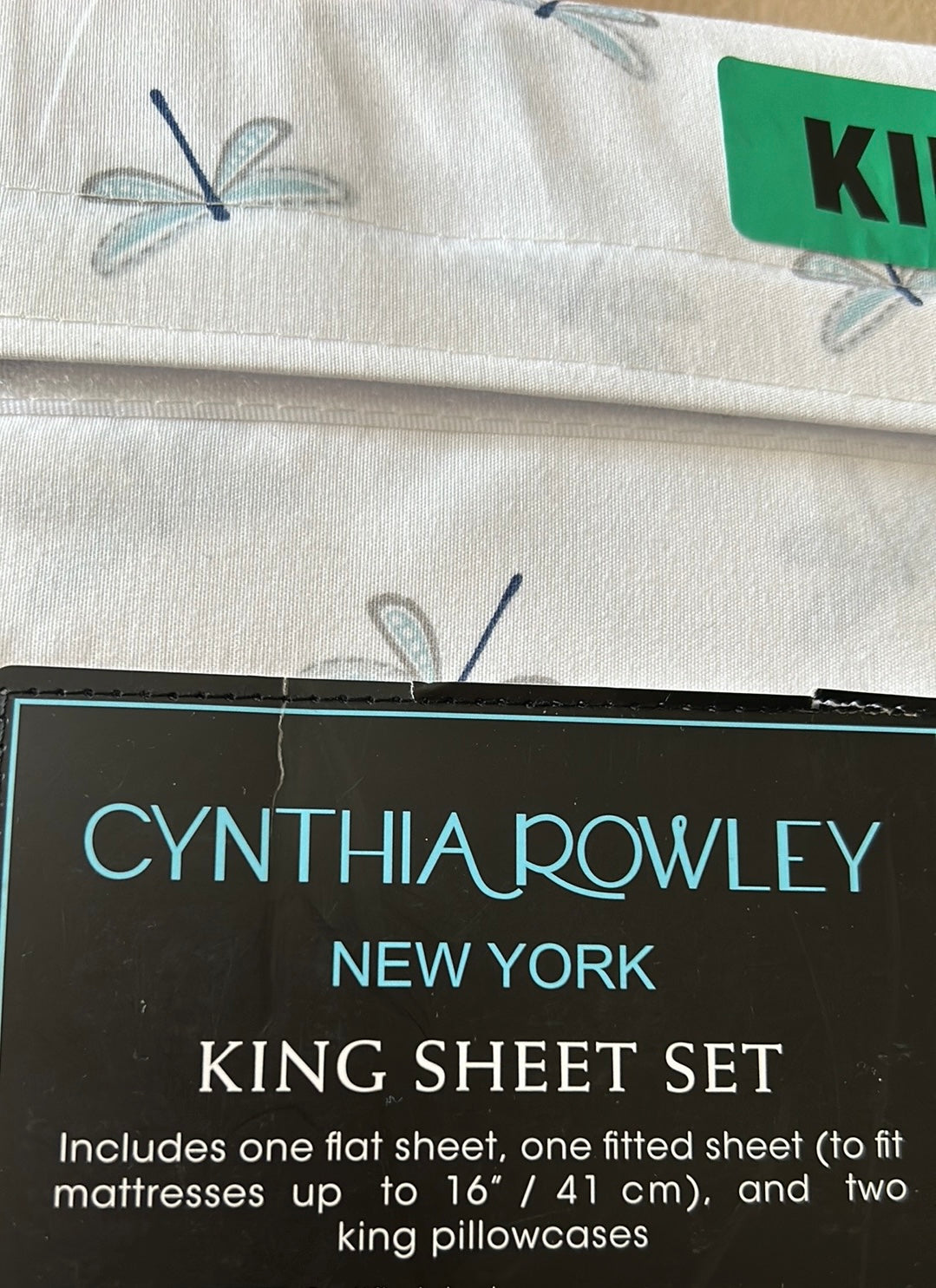 💙 NEW 4pc Cynthia Rowley Pale Blue/White DRAGONFLY King Sheet Set 💙