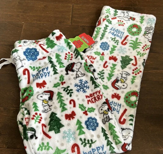 Peanuts womens Christmas Snoopy Plush Pajama Pants New Snowflakes