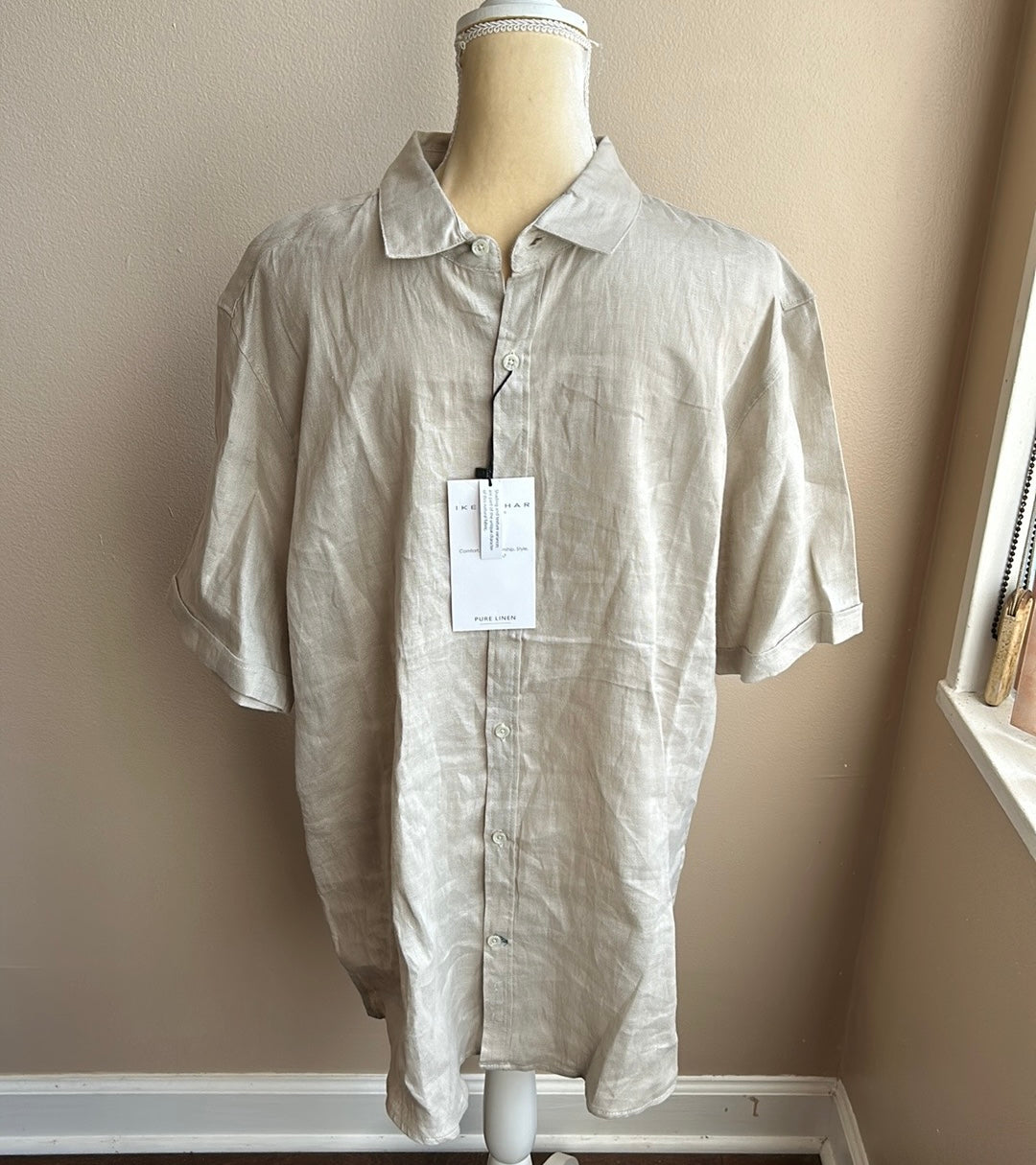 Ike Behar Men’s Sandstone Beige Pure Linen Camp Shirt Sz XL New short Sleeve