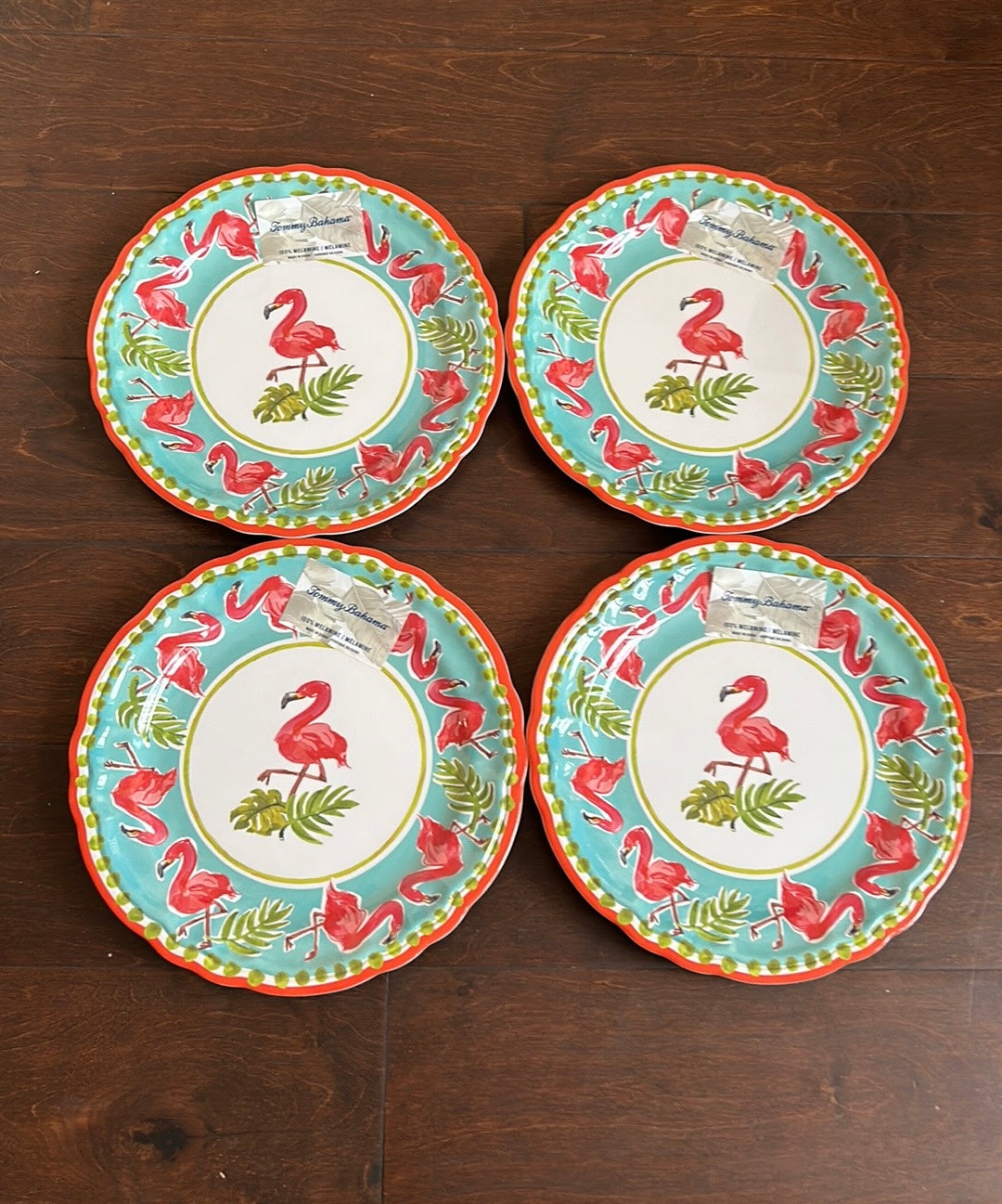 Tommy Bahama Pink Flamingo Tropical Palm Leaves MELAMINE Dinner Plates Set Of 4