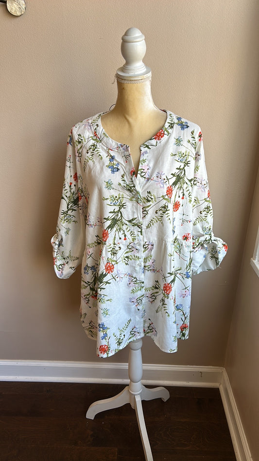 Jones New York Women Plus 2X Linen Blend Blouse Rolled Cuff Sleeve Nwt Floral