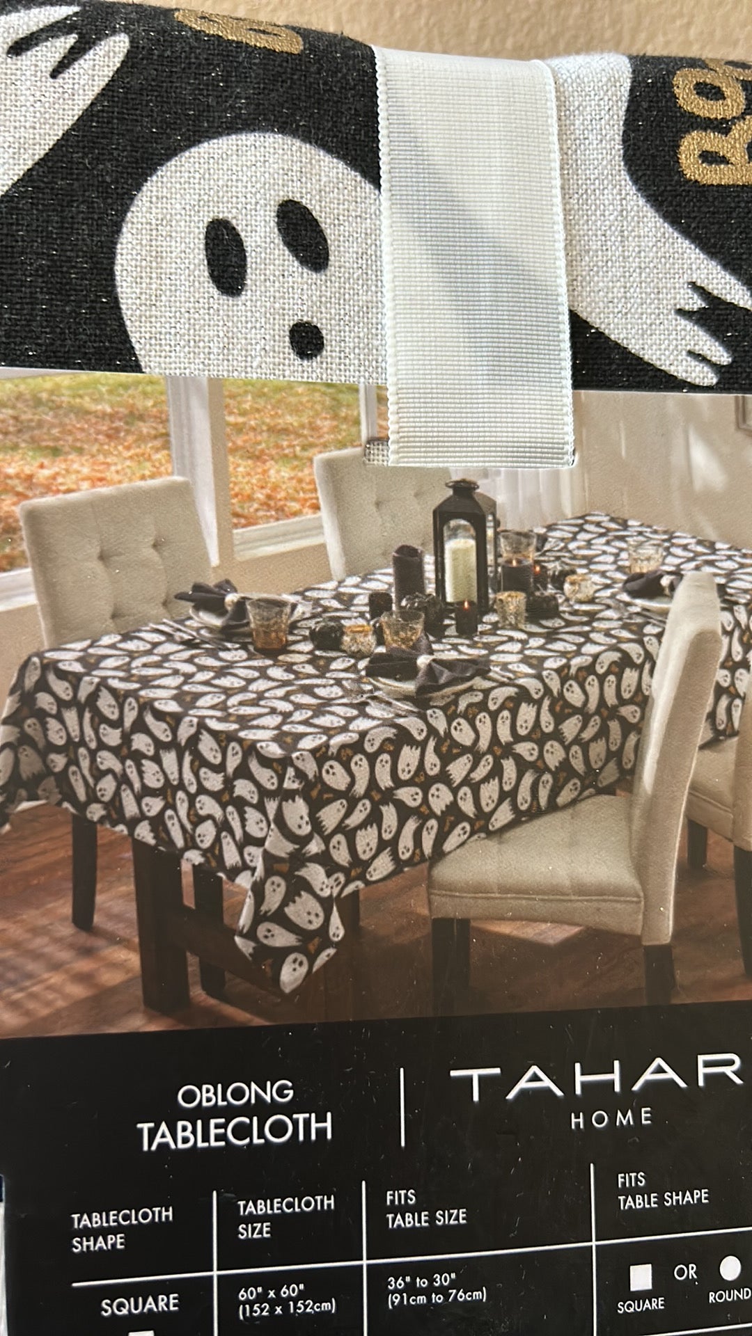 Tahari Halloween Tablecloth Shimmery Ghosts Boo 60”x120” New Black Off White