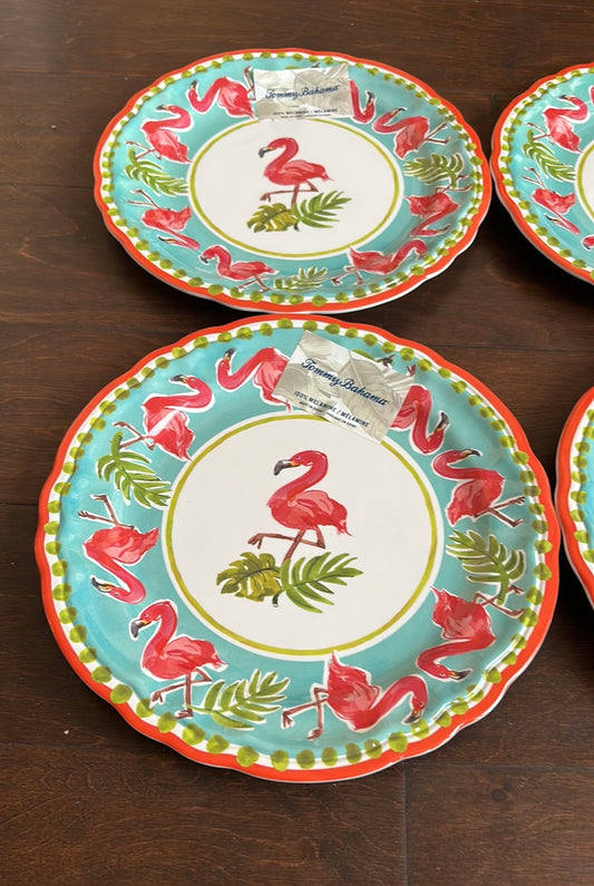 Tommy Bahama Pink Flamingo Tropical Palm Leaves MELAMINE Dinner Plates Set Of 4