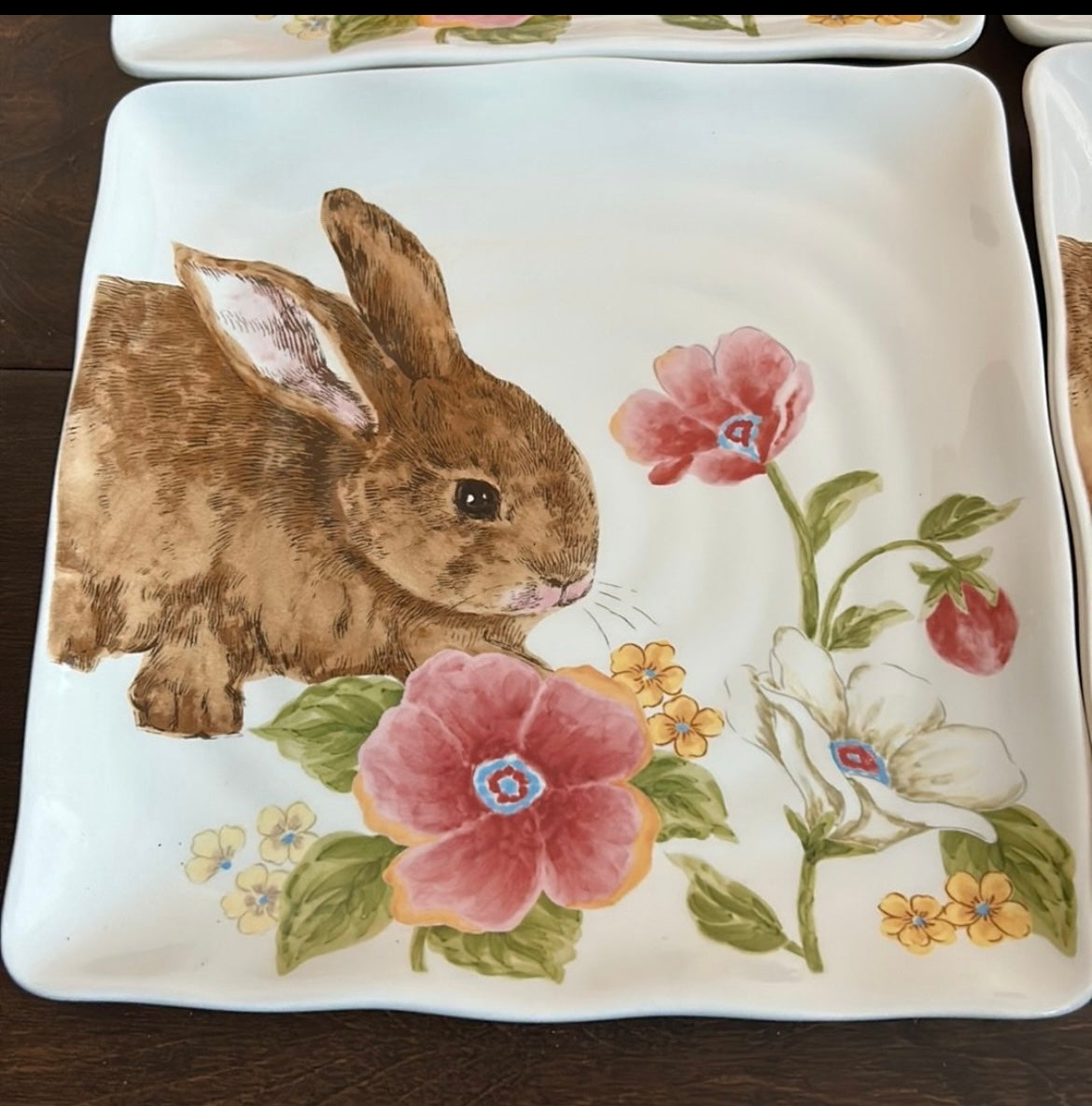 Set Of 4 Bunny Rabbit Salad Plates Ceramic New Floral Easter