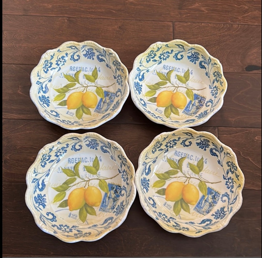 Shabby chic Melamine Bowls Set of 4 Mediterranean New Lemons Scalloped