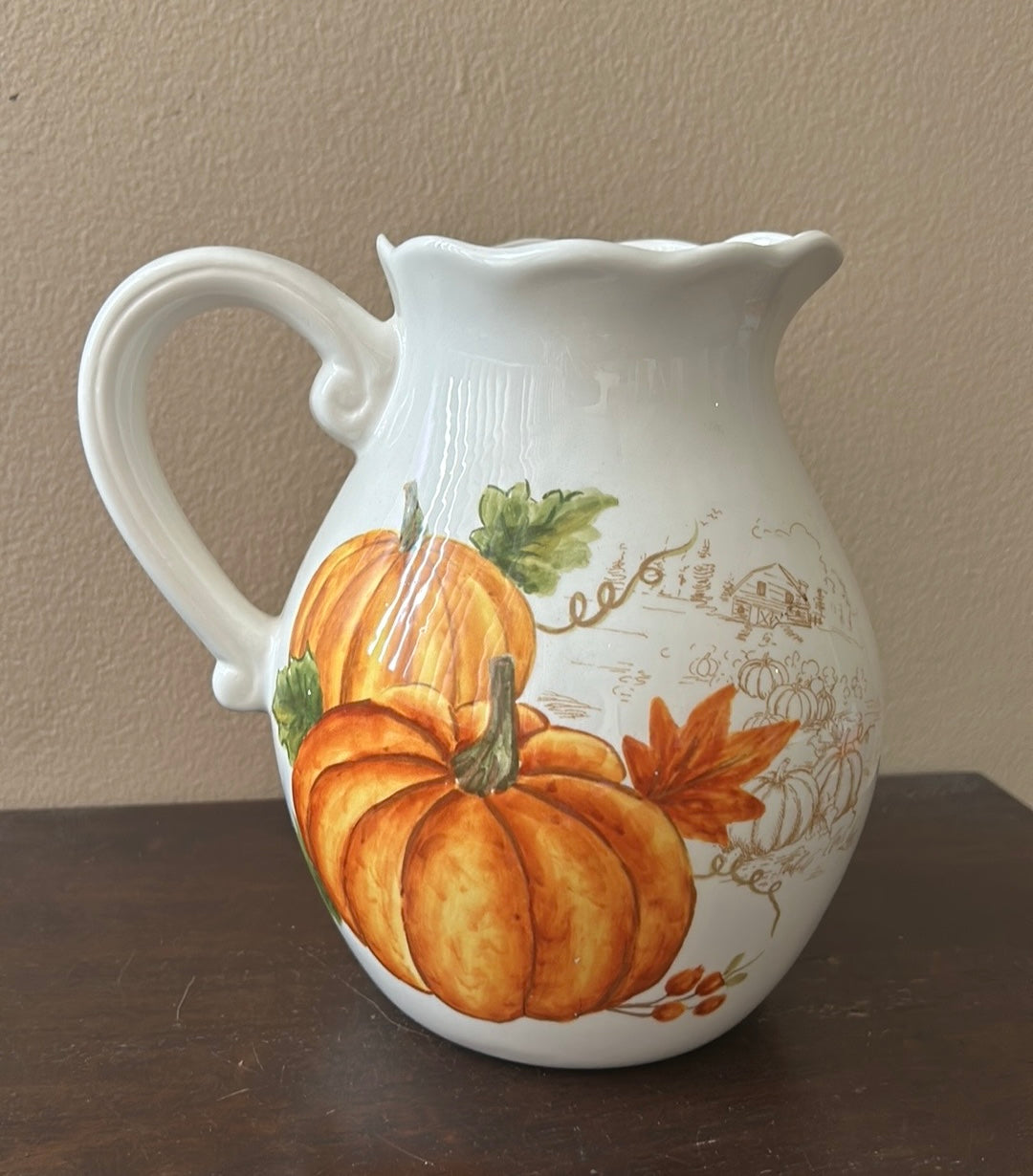 New Ceramic Pitcher Pumpkins Fall Leaves Berries Thanksgiving Ceramic 8.5” Tall