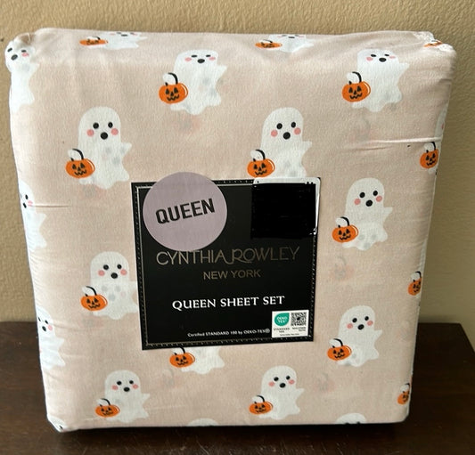 Cynthia Rowley Halloween Pink Ghost Pumpkin Jack O Lantern Queen Size Sheet Set