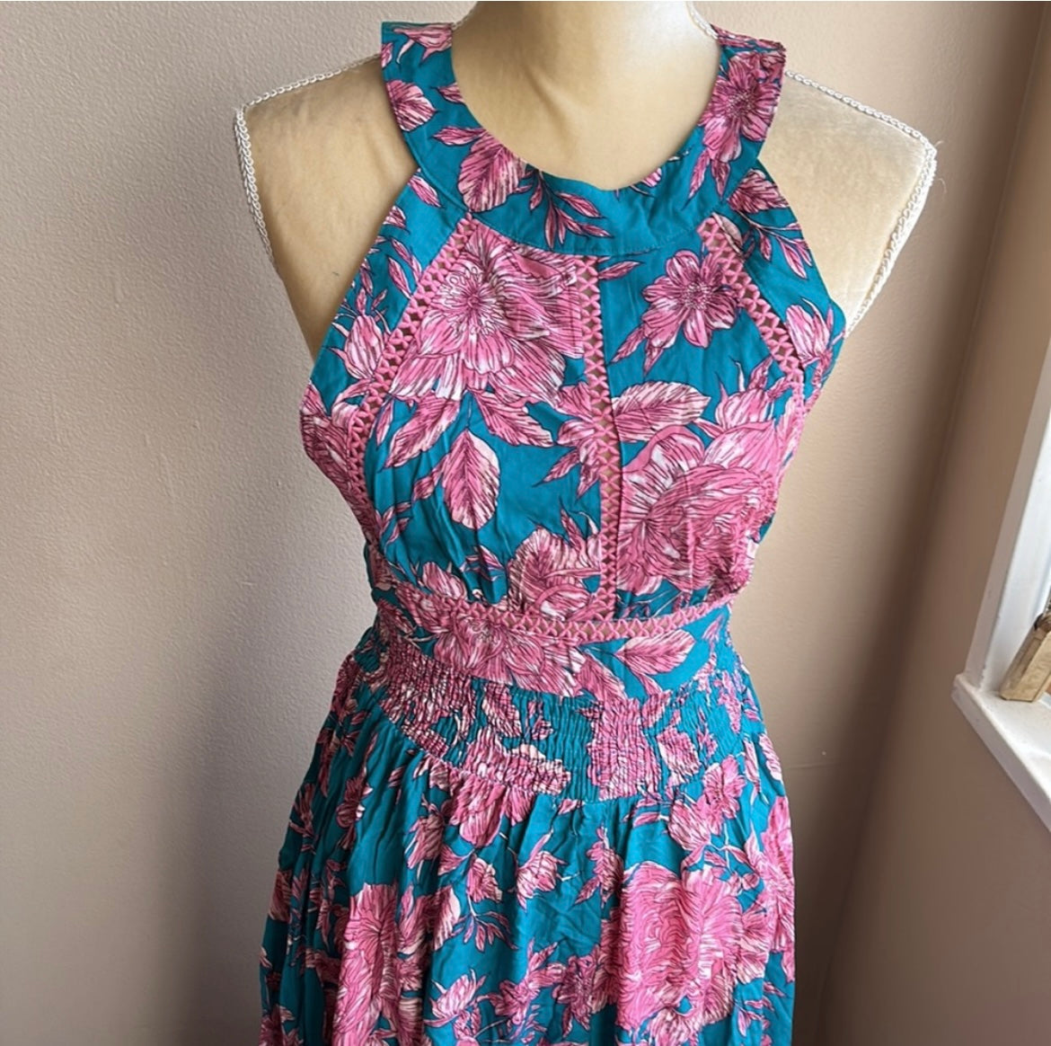 Abel the Label Anthropologie blue Charlie Maxi Dress NWT pink lilac sz XS   An absolutely gorgeous maxi dress with a colorful theme will be great for spring and summer .