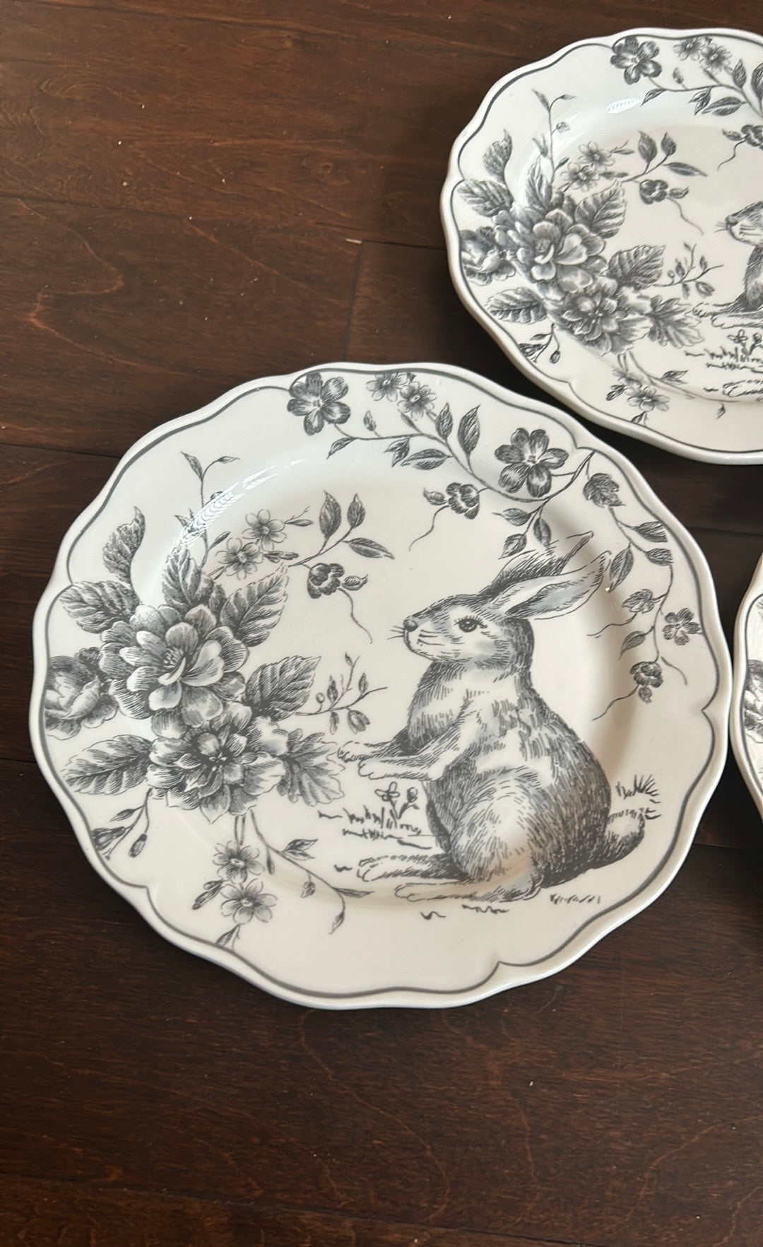 Set Of 3 Easter Bunny Scalloped Ceramic Salad Plates New Gray Floral