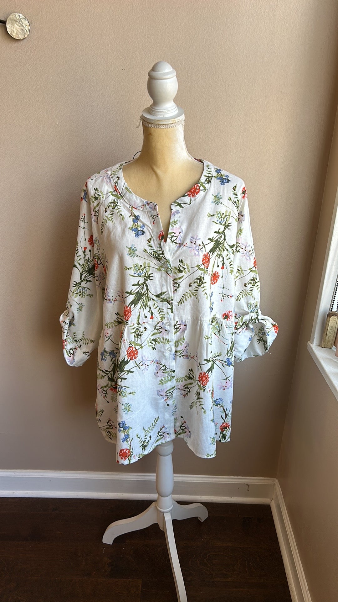 Jones New York Women Plus 2X Linen Blend Blouse Rolled Cuff Sleeve Nwt Floral