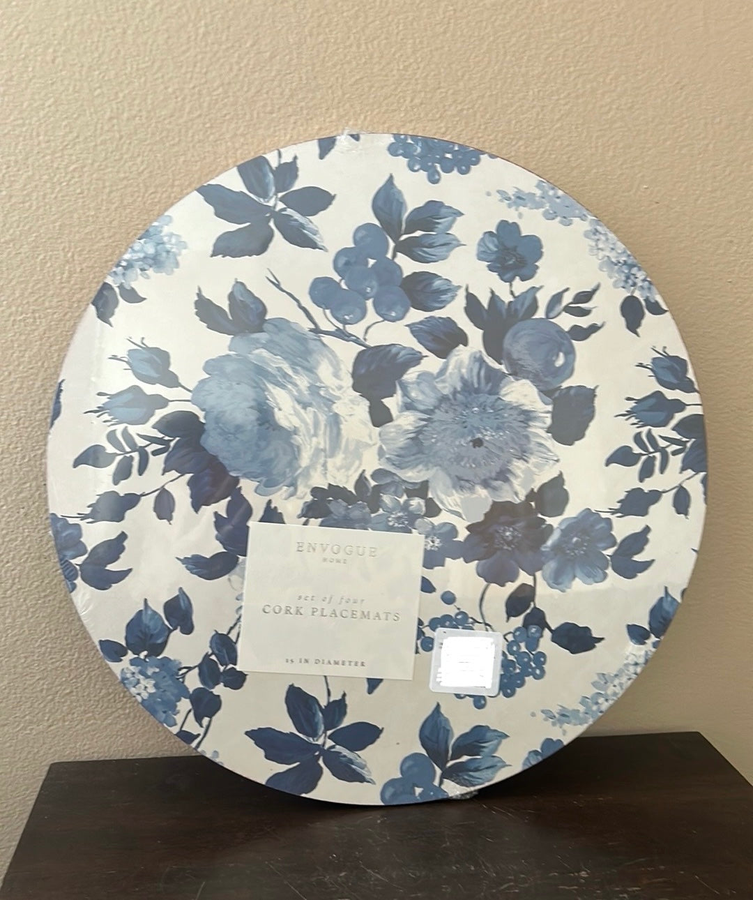 Envogue Cork Placemats set of 4 Floral Round New Blue White Blueberries