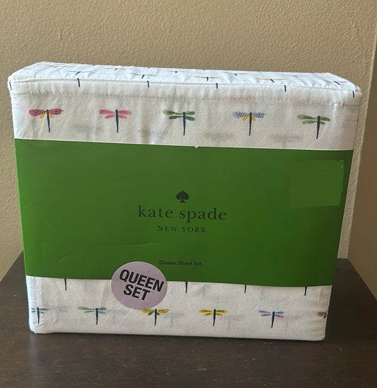 NEW KATE SPADE Queen Sheet Set 4 Pc Colorful Dragonflies Cotton Percale