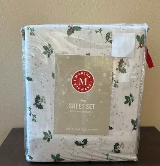 Martha Stewart King Sheet set Christmas Holly Berry New Cotton Flannel