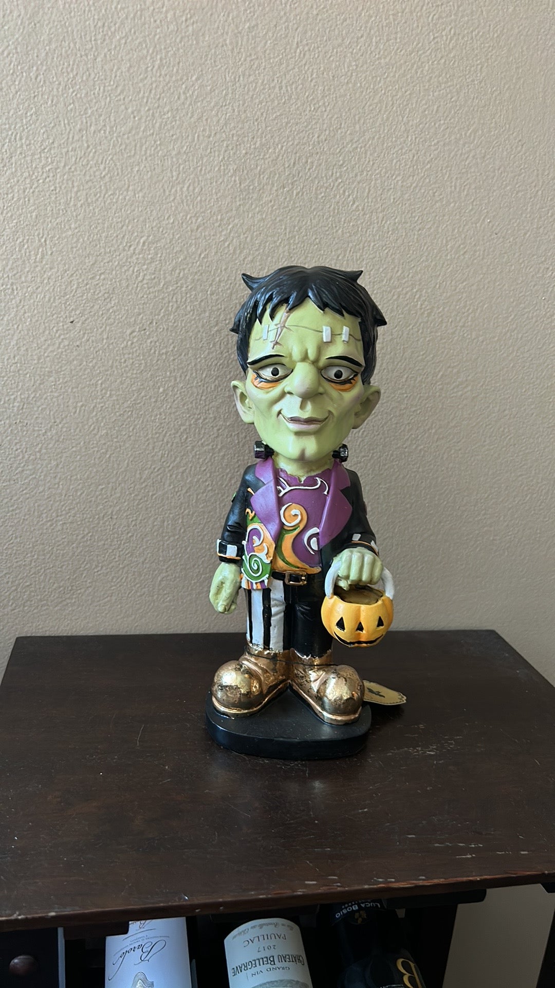 New Frankenstein Halloween Figurine Holding Pumpkin Basket 11.5” Tall