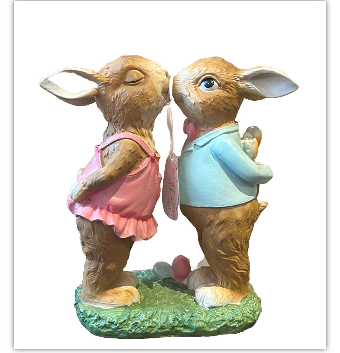 Cute Bunny Couple Kissing Easter Figurine New Holding Flowers 12”