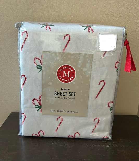 Martha Stewart Queen Sheet set Christmas Candy Cane New Cotton Flannel