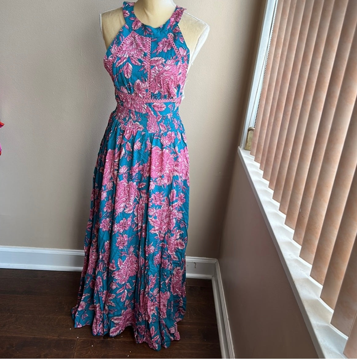 Abel the Label Anthropologie blue Charlie Maxi Dress NWT pink lilac sz XS   An absolutely gorgeous maxi dress with a colorful theme will be great for spring and summer .