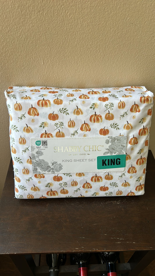 Shabby Chic 4 Pc Queen Sheet Set Pumpkin Print New Fall Thanksgiving Microfiber