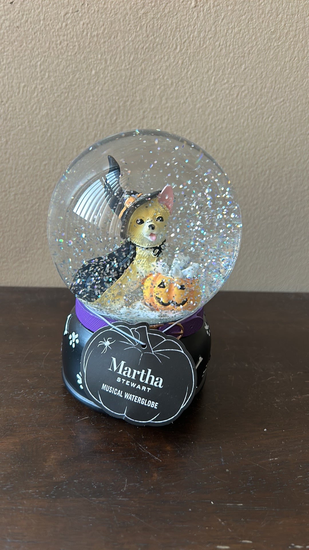 Martha Stewart Musical Globe Happy Halloween Pumpkin Dog In Witch Attire New