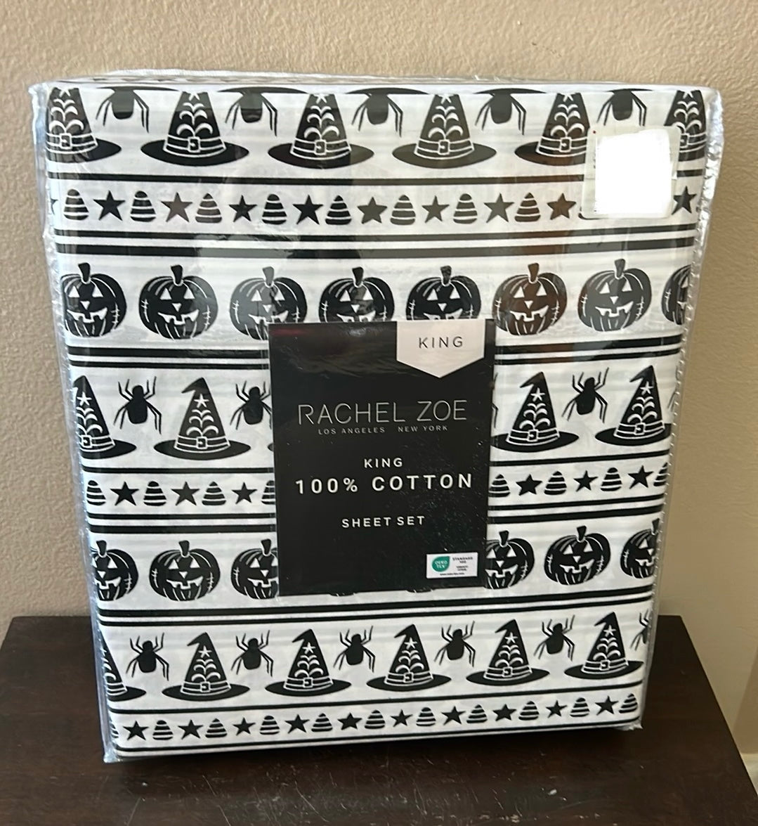 Rachel Zoe sheet Set Halloween Black White Jackolantern Spiders King Witch Hat