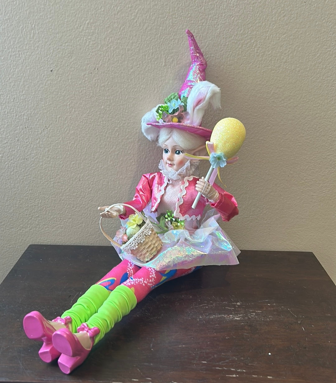 Cynthia Rowley Easter Elf Fairy Doll 16" Shelf Sitter Holding Flowers & Egg