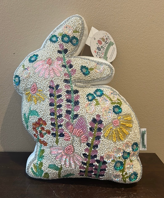 Bunny Boulevard Beaded Easter Bunny Rabbit Shaped Pillow 13”x10” Floral New