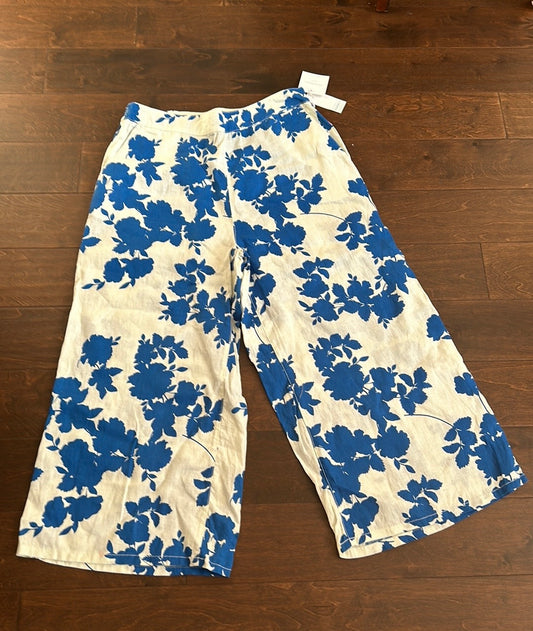 Cynthia Rowley Womens Pants Wide Leg Sz XL Blue White Floral New Linen Capri