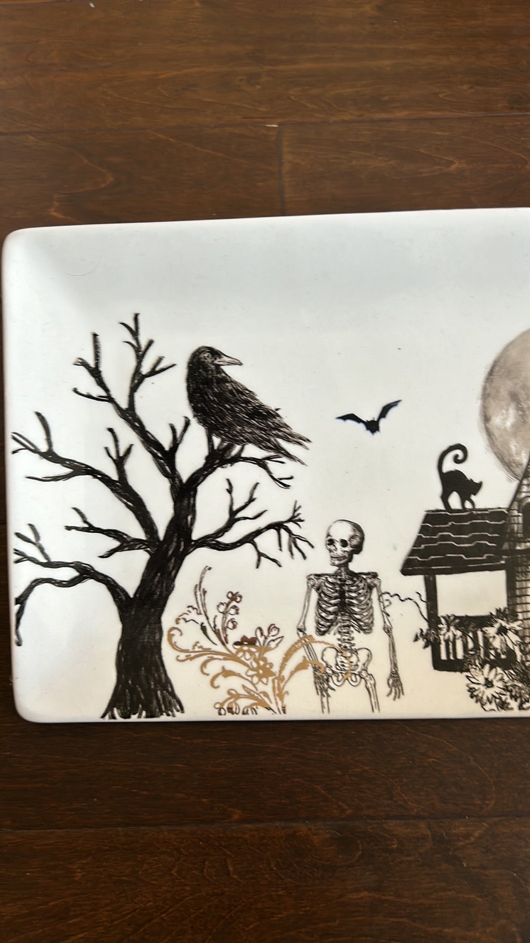 Potters Studio Halloween Serving Platter Ceramic Haunted House Skeleton Cat Crow