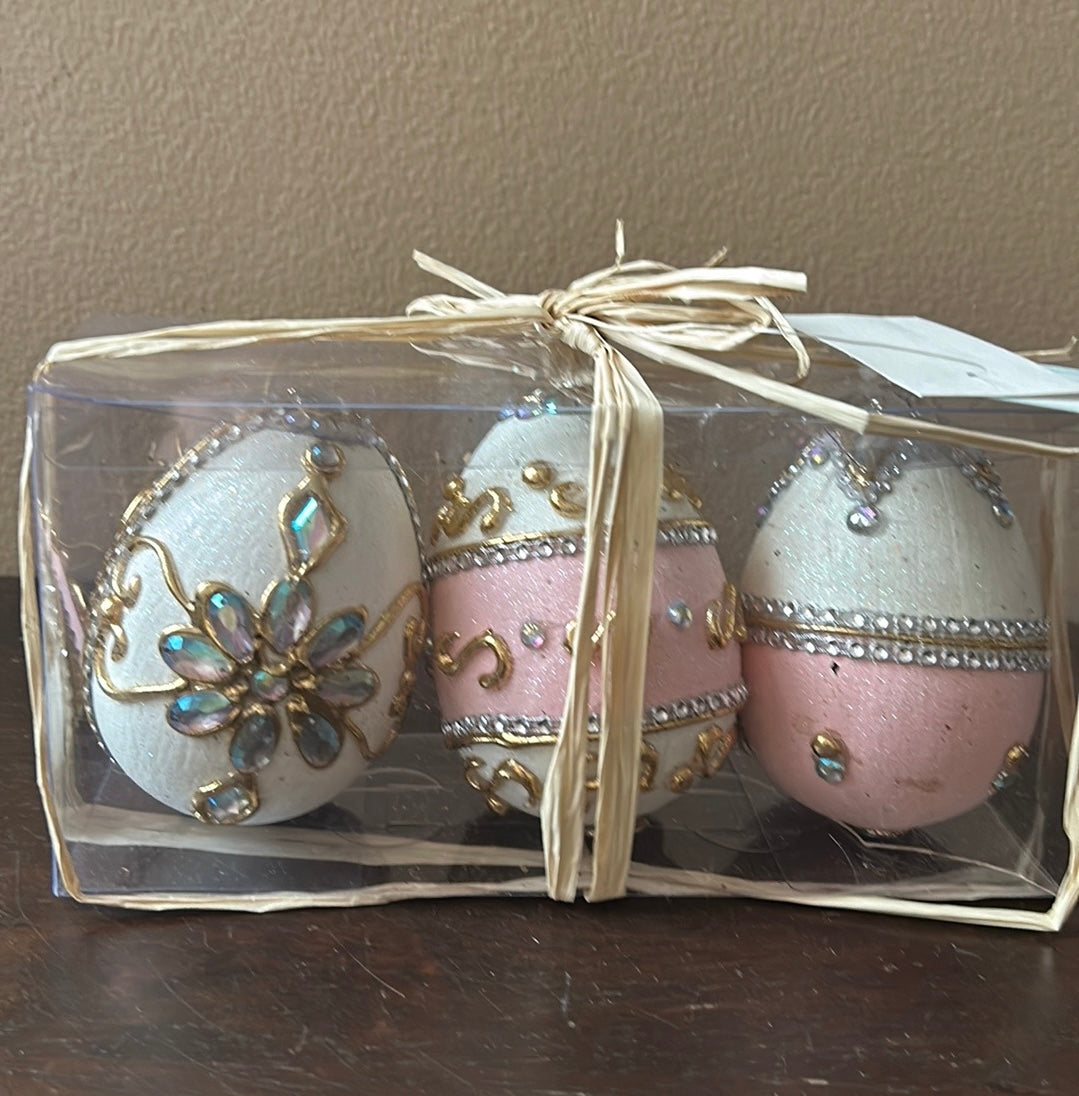 Easter Pink Embellished EGG Jewel Crystal Egg Tabletop Decor 5" Set of 3