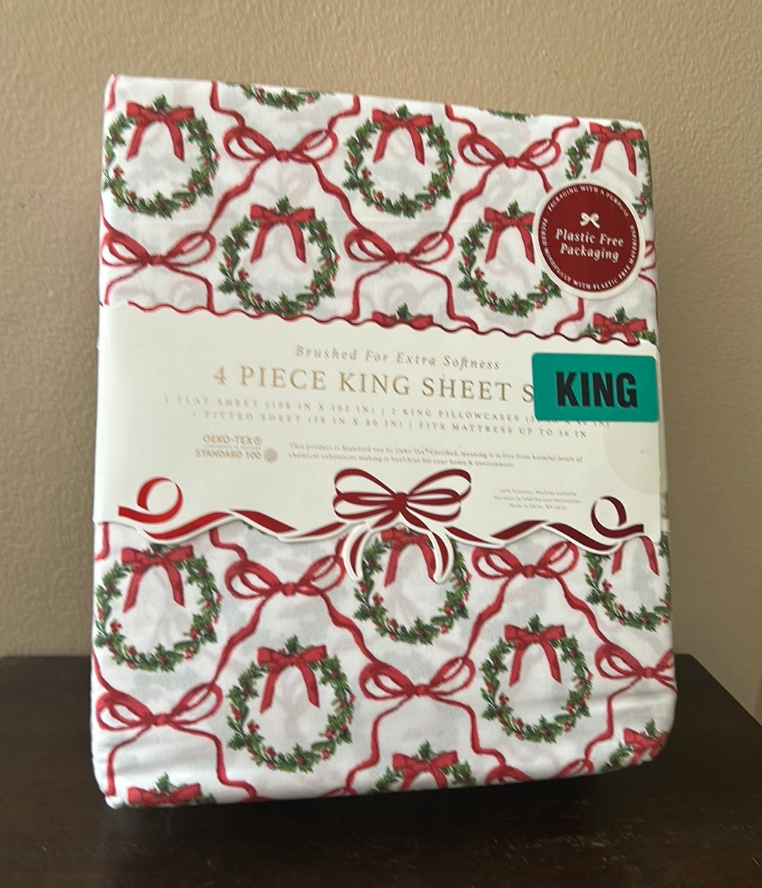 New 4 Pc King Sheet Set Christmas Wreath Holiday Red Green