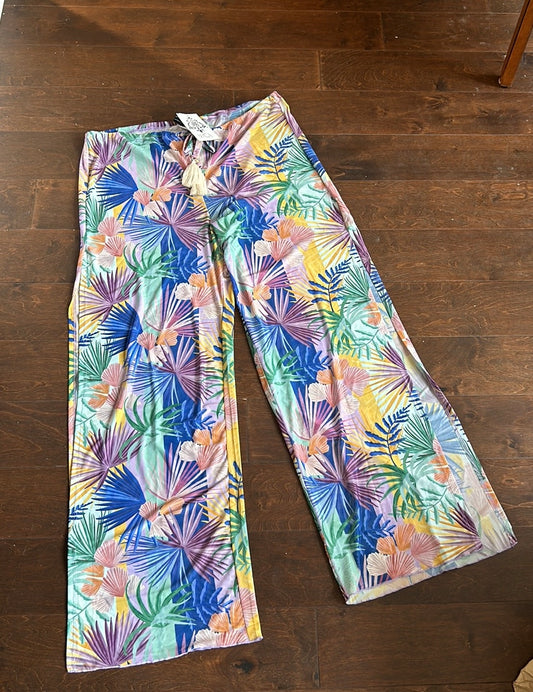 Becca Womens Swim Coverup Pants Sheer Tropical Print Sz L New Beach Side Slits