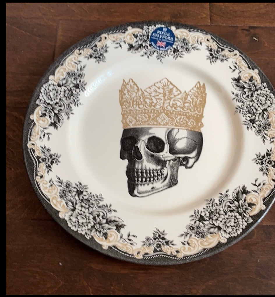 Royal Stafford set of 4 King Skull Dinner Plates New Halloween Victorian