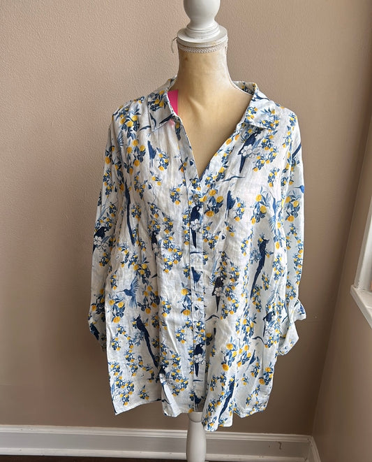 Isaac Mizrahi Womens New Linen Shirt Blouse Floral Birds Plus Sz 3X