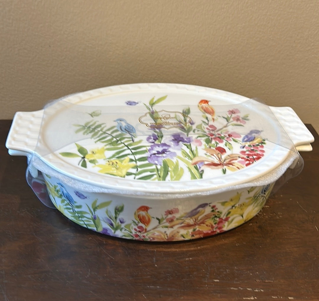 Grace's Pantry 3 in 1  Oval Baker Casserole w/ Lid Floral Birds Lavender  New