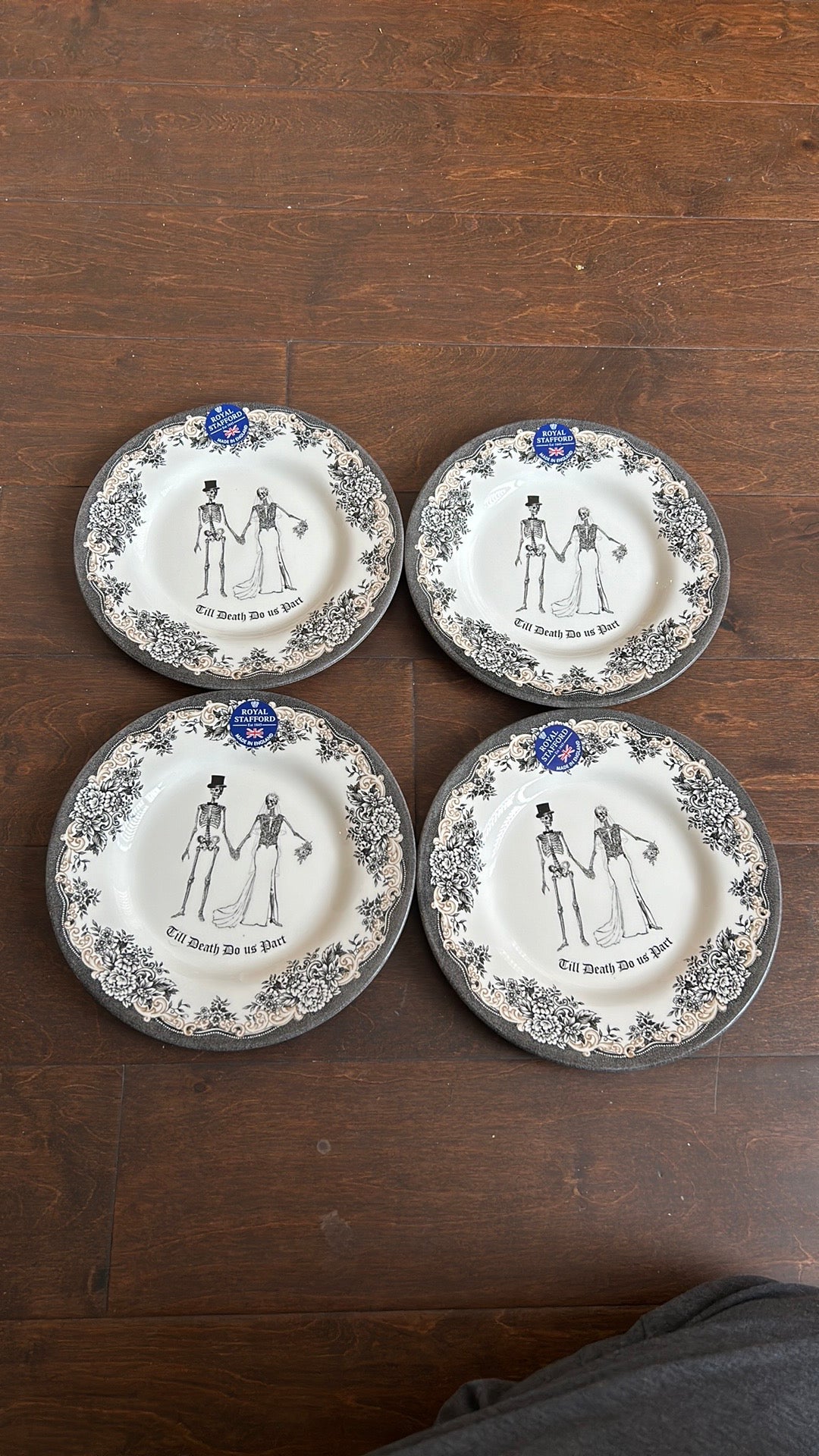 Set of  4 Royal Stafford Halloween Skeleton Couple Till Death Do Us Salad Plates