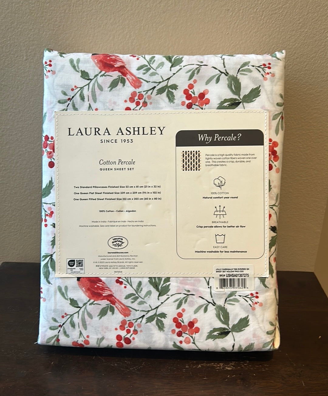 4pc Laura Ashley Christmas Red Cardinal Holly Berry Queen Sheet Set Cottage