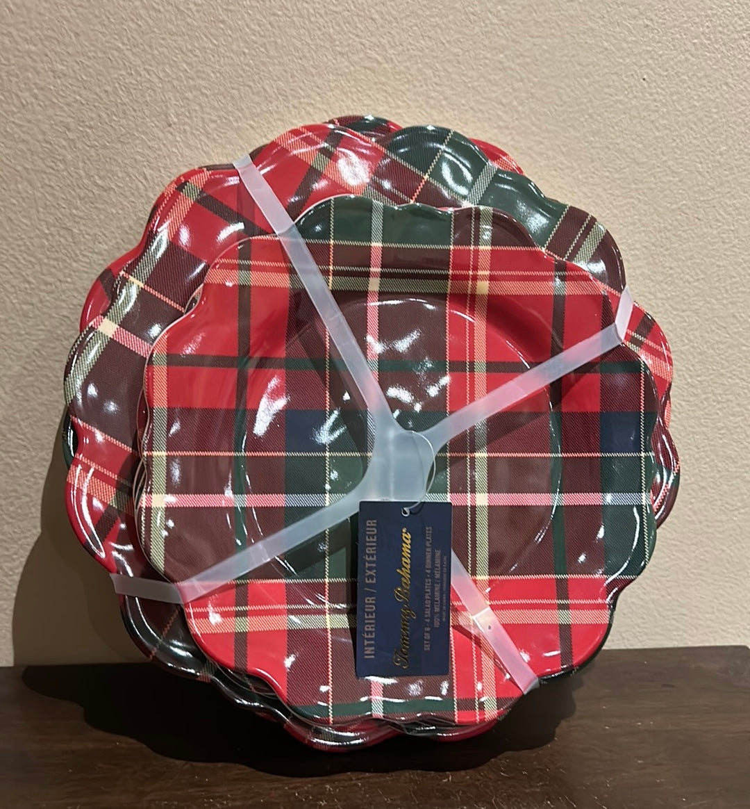 Tommy Bahama 8 Piece Red Tartan Plaid Christmas Salad/Dinner Scalloped Plate Set