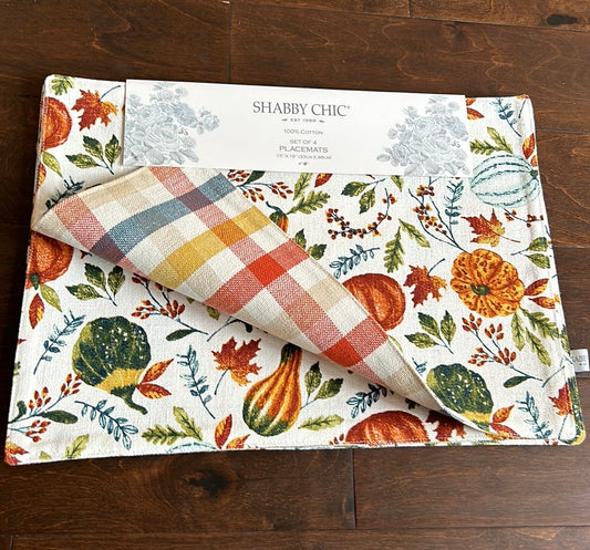 Shabby Chic Reversible Placemats Floral New Fall Leaves Pumpkins Linens