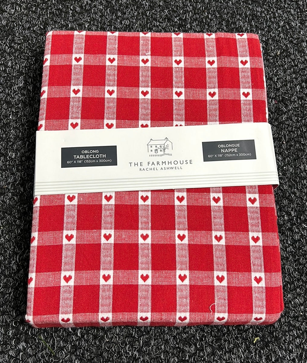 Farmhouse Rachel Ashwell Valentines Tablecloth 60”x118” Oblong Red Hearts Plaid