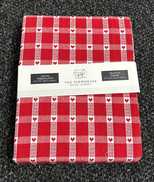 Farmhouse Rachel Ashwell Valentines Tablecloth 60”x118” Oblong Red Hearts Plaid