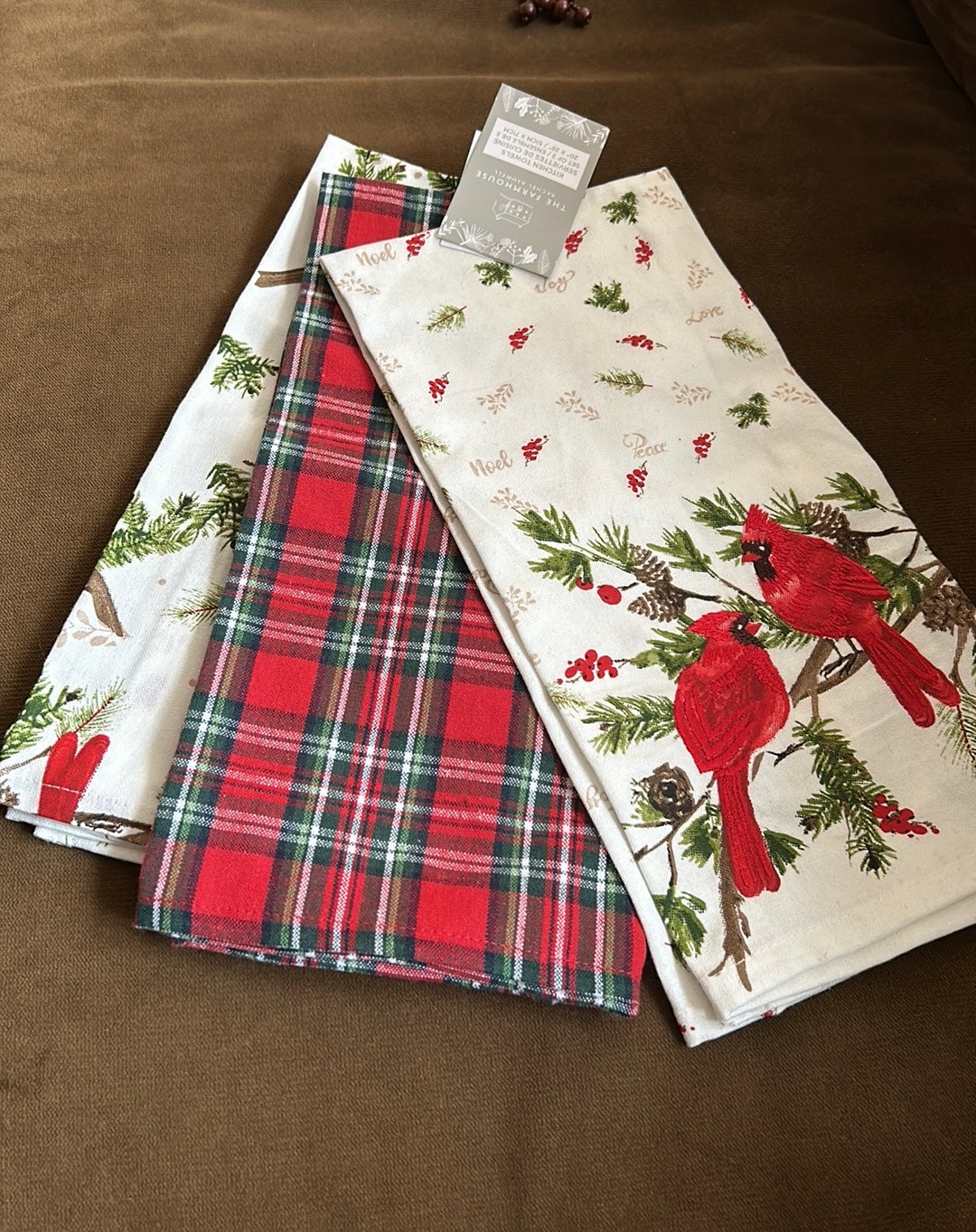 Rachel Ashwell Set Of 3 Kitchen Towels Red Cardinals Holly Berry New Plaid