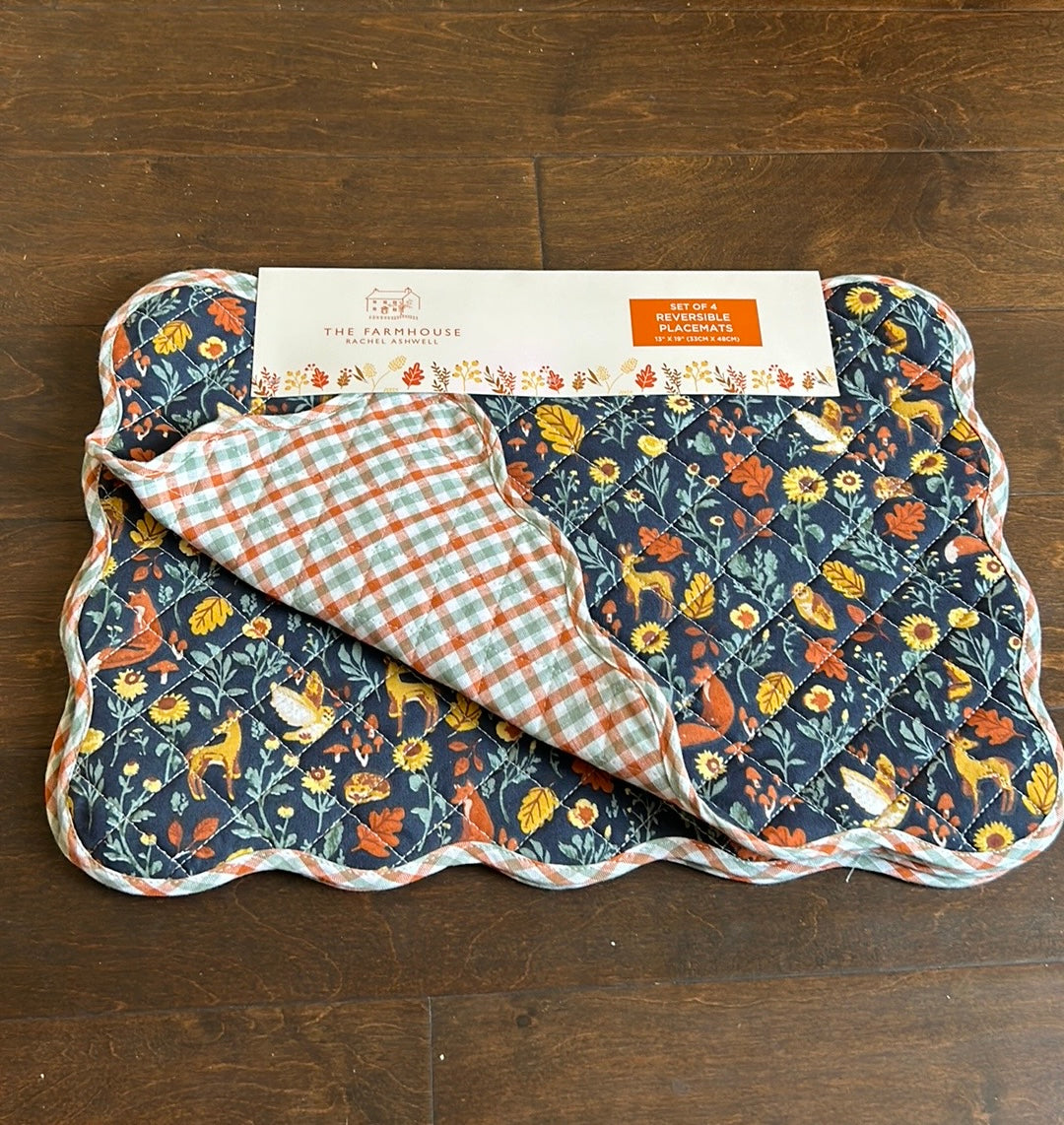 Rachel Ashwell Quilted Placemats set Of 4 New Fox Fall Autumn Sunflowers