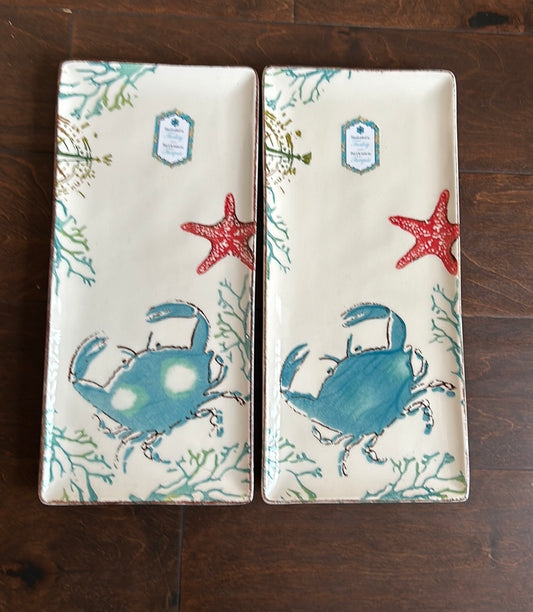 Papart Set Of 2 Ceramic Serving Platters Starfish Crab New 13.5”x6”