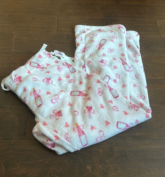 Daydream Womens Pajama Pants Valentines Plush Pink Hearts Bows Wine Bottles
