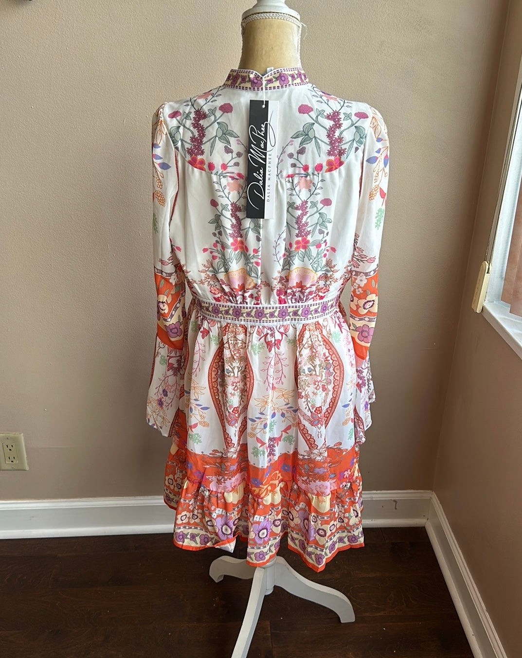 Dalia Macphee Women’s Floral Border Print Dress New Sz L Bell Sleeve