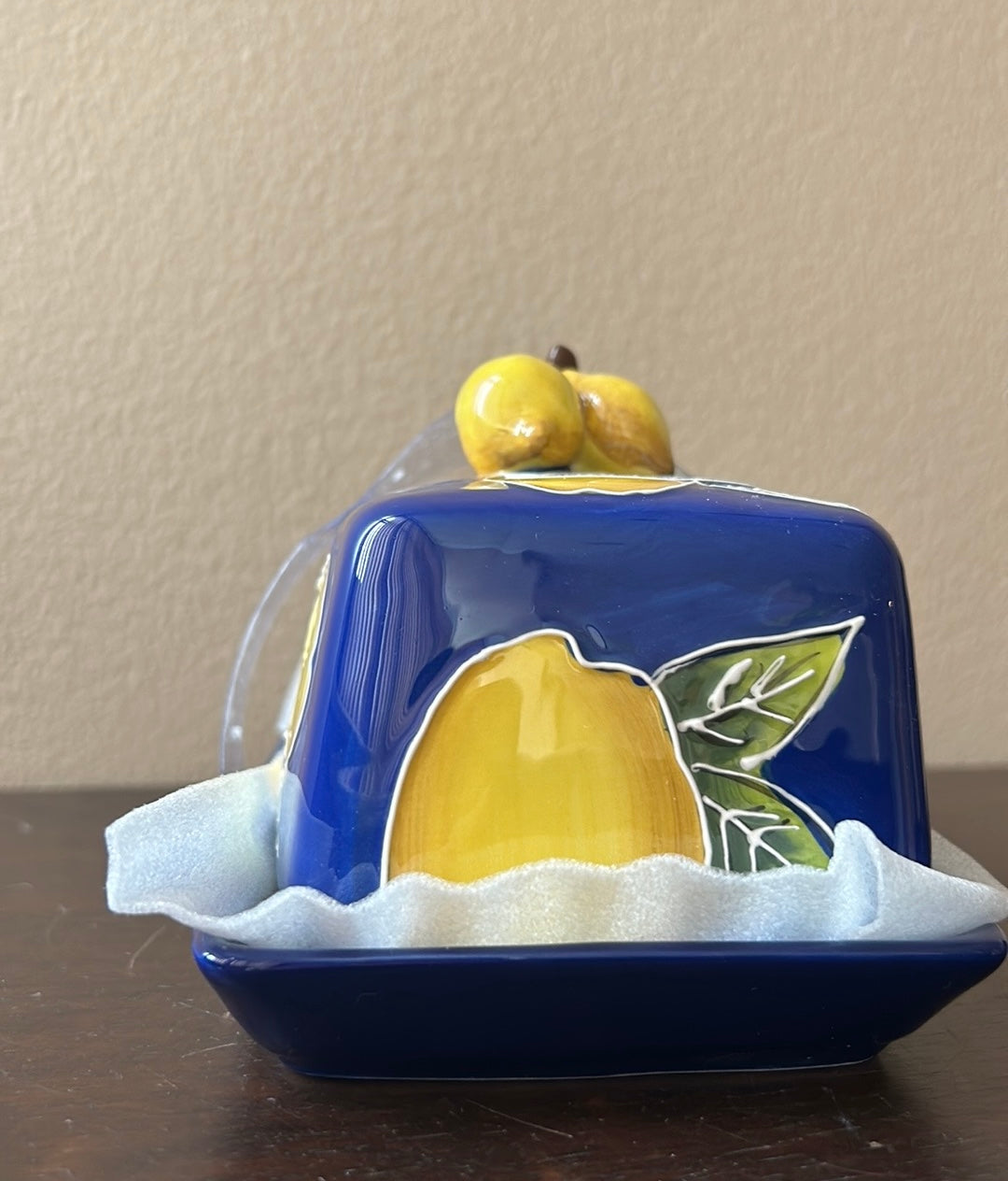 New Blue Sky Clayworks Heather Goldminc Covered Ceramic Butter Dish Lemon Blue